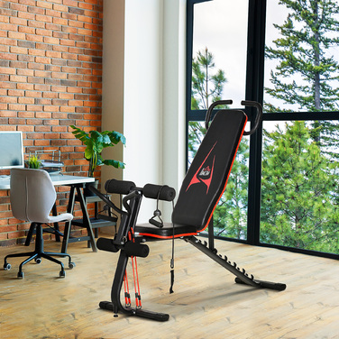 HOMCOM Weight Bench, up to 150 kg, 145 x 49 x 57-127 cm, adjustable training bench with elastic ropes, sit-up bench, 6 backrest levels | Aosom
