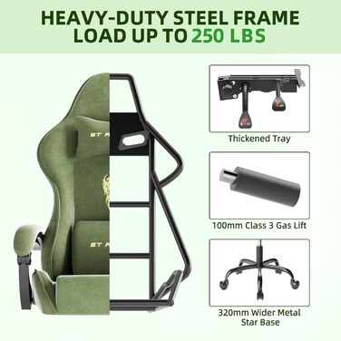 Геймерське крісло Ferghana Ergonomisch LW210: зручне крісло для комп'ютера з підголівником, подушкою для попереку, підлокітниками та підставкою для ніг (Зелений)