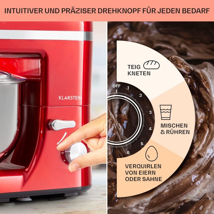 Klarstein Stand Mixer, dough mixer with 5L bowl, 1800W professional stand mixer with dough hook and whisk, universal kitchen machine with 6 speeds, dough machine for stirring, kneading and whipping