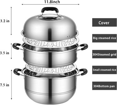 Пароварка MANO з нержавіючої сталі, 30 см, 2-ярусна, з кришкою для приготування овочів, м'ясних страв, супів та соусів