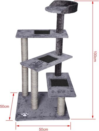 Wiltec Scratching Post 100 cm with Sisal in Beige/Brown, Cat Tree with 3 Sleeping Areas, Cat Scratching Post with Viewing Platform, 2-Color Cat Scratching Post (Grey, Light Grey)
