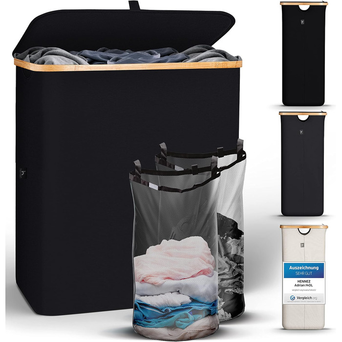 HENNEZ Laundry Basket with Lid, 2 Compartments, Slim Laundry Basket, Black, 141L Laundry Bag - Laundry Sorter, Anthracite Laundry Box, Laundry Bin, Black Laundry Collector with Lid, Laundry Chest, Dark Laundry Baskets