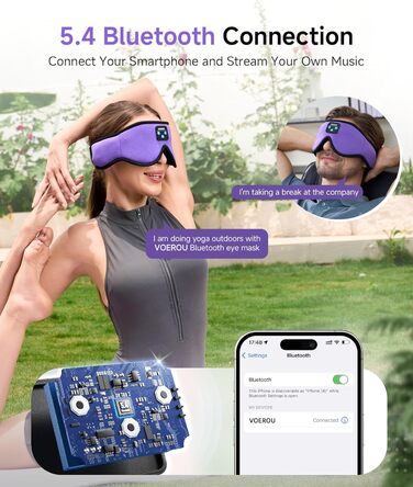 Маска для сну Voerou з Bluetooth 5.4 та вбудованими стереодинаміками, для тих, хто спить на боці, фіолетовий колір
