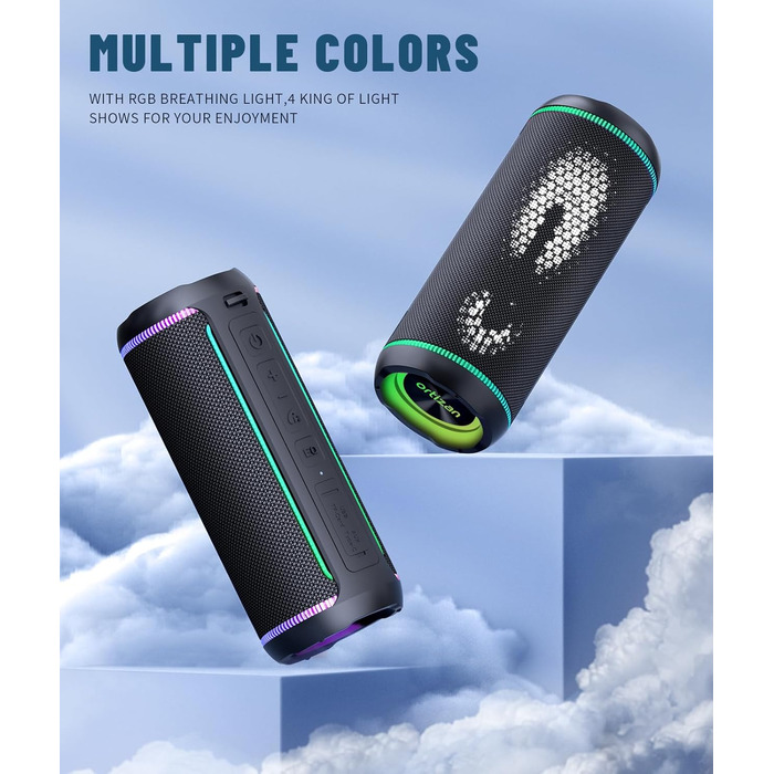 Ortizan Bluetooth колонка з LED підсвіткою, 40 Вт, IPX7 водонепроникна, 30 год роботи, чорна