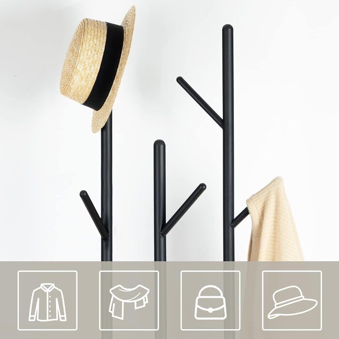 HOOBRO Coat Rack, Freestanding Clothes Rack, Tree-Shaped Wardrobe with 8 Hooks, 2 Round Shelves, for Clothing, Hat, Bag, Living Room, Bedroom, Office Dark Brown-Black EBF33YM01G1