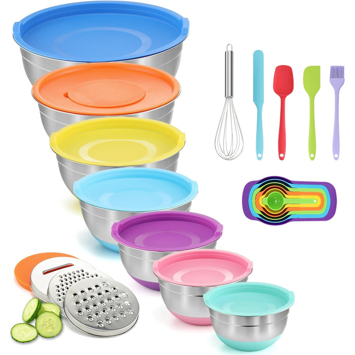 Набір місок для перемішування BEWOS 7 шт. з кришкою, нержавіюча сталь, набір місок з терткою, вкладна конструкція, кольорові нековзні дна, об'єм 4.3, 3.8, 3.3, 2, 1.4, 1, 0.7 л для змішування та подачі