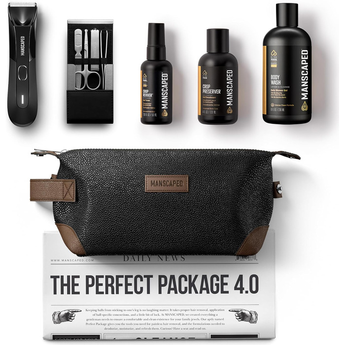 Набір Perfect Package 4.0 від MANSCAPED®: тример для тіла The Lawn Mower® 4.0, лосьйон та гель для душу, тонер для тіла, набір для догляду за нігтями, сумка та 3 підставки для гоління
