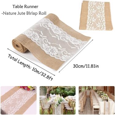 Jute Table Runner with Lace White 30CMx10M Jute Ribbon Rustic Burlap Lace Wedding for Festival Event Table Decoration Christmas Decoration Birthday (Jute and Lace)