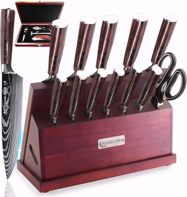 Набір кухонних ножів Hoablorn 15 предметів з блоком: високоякісний набір ножів з дерев'яним блоком, ідеальний для дому та як подарунок