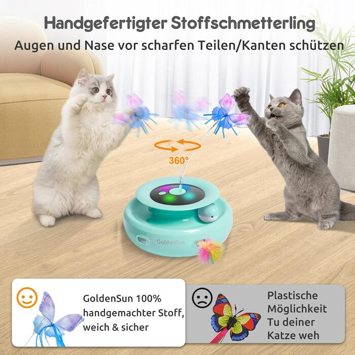 GoldenSun Cat Toy, 3 in 1 Electric Interactive Automatic Toy for Cats, Whack-A-Mole, Fluttering Butterfly, includes Ball, USB Rechargeable Cat Teaser with 6 Attachments (Green)