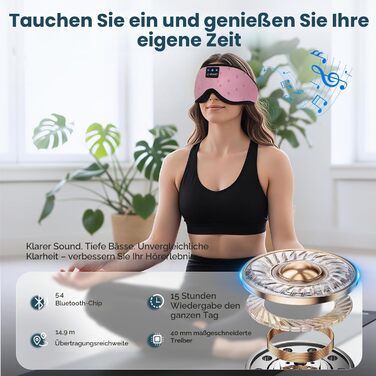 Маска для сну з навушниками Bluetooth 5.4 Dolida, 3D м'яка маска для сну з мікрофоном, рожева - для подорожей, йоги, медитації