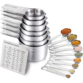 Measuring Cup, AGUMINY Measuring Cup and Spoon Set, Stainless Steel, 7 Measuring Cups and 9 Measuring Spoons for Kitchen Measuring Tools