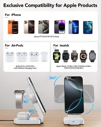 Магнітна складана бездротова зарядка 3-в-1 для Apple iPhone, iWatch, AirPods (біла)
