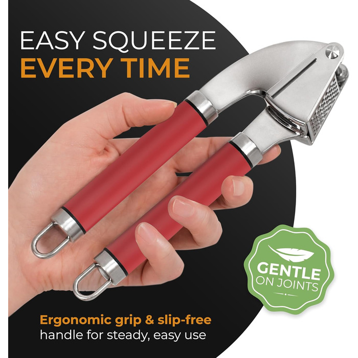 ORBLUE Прес для часнику з нержавіючої сталі червоний – Преміум прес для часнику та тертка для часнику – Прес для часнику з силіконовим очищувачем та щіткою, міцний, ергономічний та придатний для миття в посудомийній машині