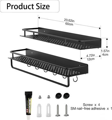 Поличка для душу Devesanter без свердління, 2 шт., 60 см, органайзер для шампуню та мила з тримачем для рушників та 6 гачками, для ванної кімнати, спальні, кухні, чорний