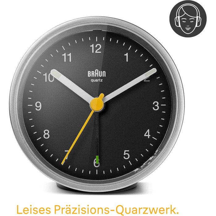 Classic Braun analog alarm clock with snooze function and light, quiet quartz movement, crescendo alarm in black and silver, model BC12SB