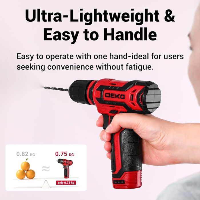 Акумуляторна дриль-шуруповерт DEKO 12V: набір інструментів 238 шт. з акумулятором для дому, ремонту та рукоділля (червоний)