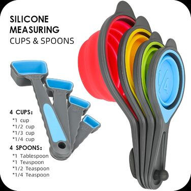 Collapsible Measuring Cup and Spoon Set, 16-Piece Portable Silicone Measuring Cup and Spoon, Food-Grade Silicone Measuring Tool Set, Yellow-Green Color (Random Rainbow)