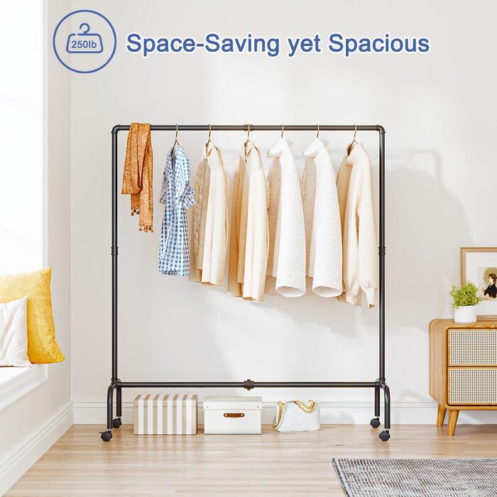 FANHAO Clothing Rack with Wheels, Industrial Heavy-Duty Pipe Clothing Rack, Rollable Garment Rack for Hanging Clothes, 250 lb (113 kg) Weight Capacity, 2 Brakes, Matte Black