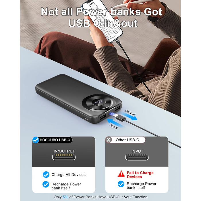 Портативний зарядний пристрій з вбудованими кабелями та роз'ємами, акумуляторний пак, сумісний з Android та іншими пристроями, чорно-жовтий