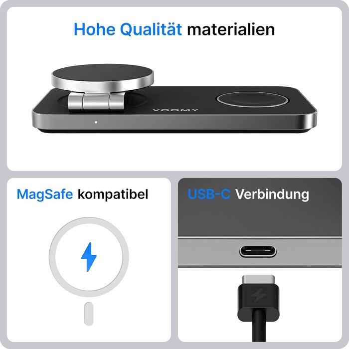 База для бездротової зарядки Voomy 3-в-1 з підтримкою MagSafe, для iPhone, AirPods та Apple Watch, 15W, складана, швидка зарядка, з USB-C кабелем та адаптером (Чорний)