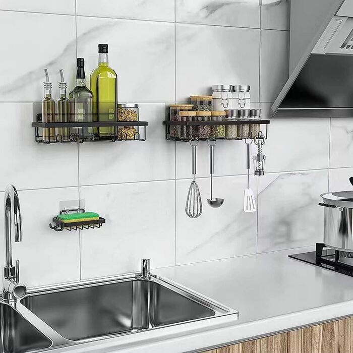 Двосекційна дзеркальна поличка для душу без свердління, 2 шт. з 8 гачками, велика місткість, для шампуню та аксесуарів (чорний)