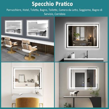 Дзеркало для ванної кімнати YU YUSING з підсвічуванням 60x80 см, протизапітніння, 3 кольори світла, регулювання яскравості, LED, годинник, IP44, металевий каркас, вертикальне, срібне