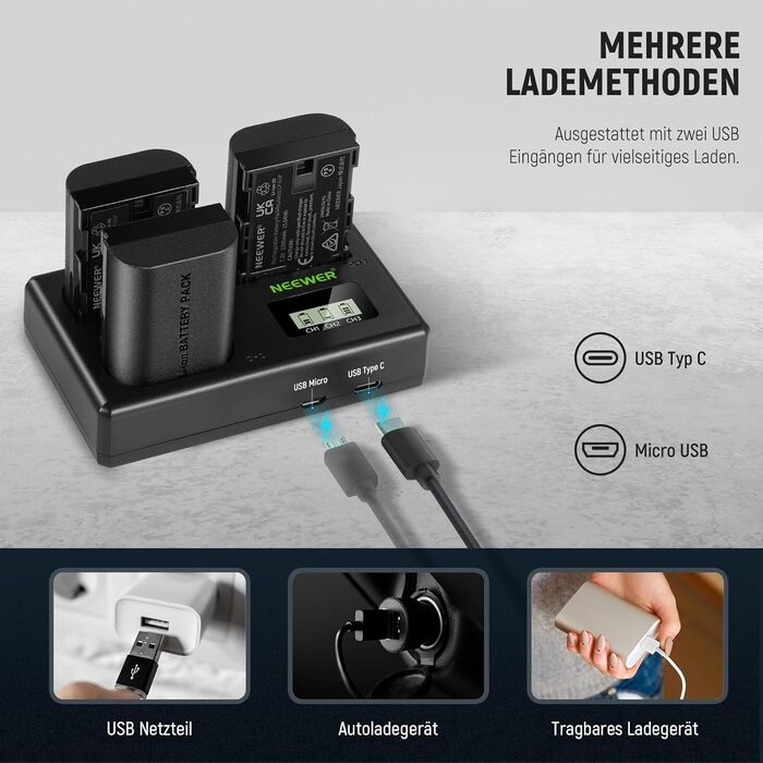 NEEWER LP-E6NH Запасний акумулятор та зарядний пристрій USB, 3 шт. 2250mAh для Canon EOS R7 R5 R6 R6 II R, 5DIV, 6DII, 7DII, 80D, 90D