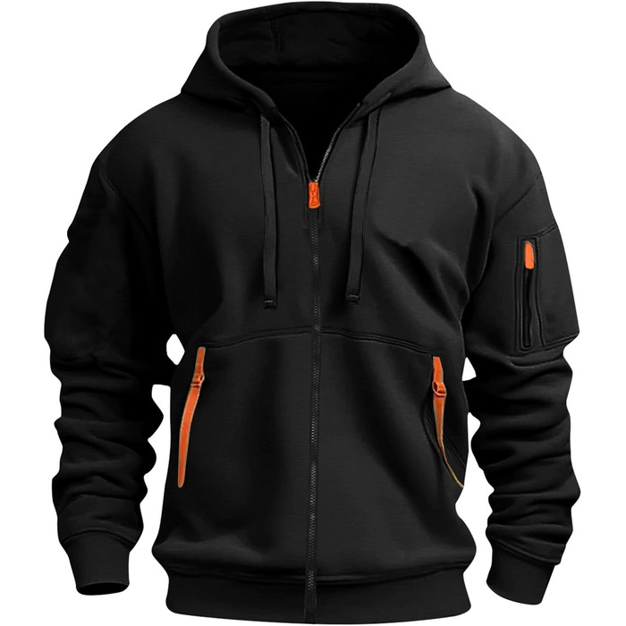 Худі Aulemen чоловіче з блискавкою, з довгим рукавом, спортивна куртка, Slim Fit, з капюшоном, з кількома кишенями, для повсякденного носіння та спорту (Чорний, XXL)