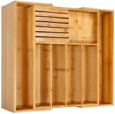 VaeFae Bamboo Cutlery Box for Drawers, Expandable Drawer Organizer Kitchen, Cutlery Insert for Drawers with Knife Block, Adjustable Wooden Cutlery Box