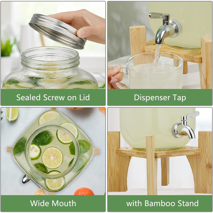 Скляний диспенсер для напоїв на підставці 8л з бамбуковою підставкою та краном з нержавіючої сталі