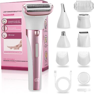 Електричний жіночий тример 5-в-1 для тіла, бікіні, брів та носа, з USB-станцією, білий (Рожевий)