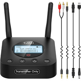 1Mii Bluetooth 5.2 Передавач для ТВ з aptX HD та низькою затримкою, велика дальність дії, аудіоадаптер для 2 навушників або динаміків, 3,5mm AUX/Оптичний/Коаксіальний вихід, регулювання гучності (B06TX+)
