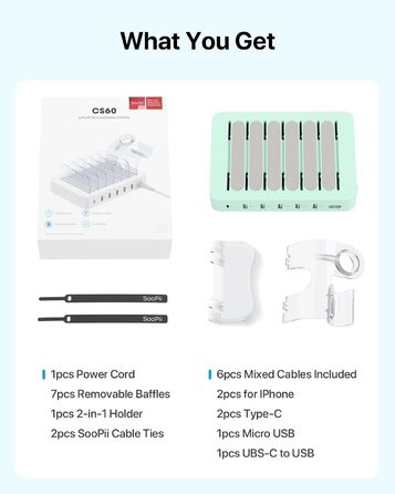 Зарядна станція SooPii USB 60W/12A, 6 портів, органайзер для декількох пристроїв з тримачем для Apple Watch, 6 кабелів для телефонів, планшетів та інших електронних пристроїв. Зелена