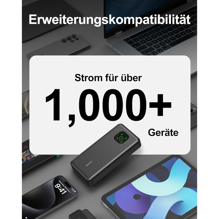 Power Bank 65W 25000mAh Klein Aber Stark для ноутбука та iPhone/iPad: портативний акумулятор з LED дисплеєм, USB-C, сірий