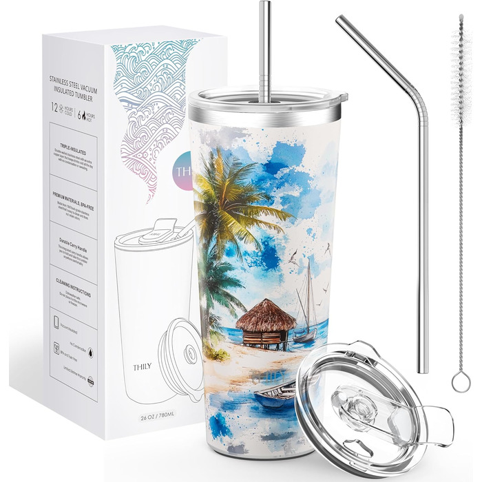 Термос THILY 780 мл з нержавіючої сталі, подвійний ізоляційний шар, з кришкою, захищеною від бризок, для гарячих та холодних напоїв, 2 шт. (Золотий мармур + Синій мармур)