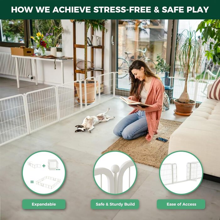 Кія Pawadise: вольєр для собак з акрилу та металевої сітки, 61 см, 8 панелей, білий, для цуценят та маленьких собак, міцний, патентований