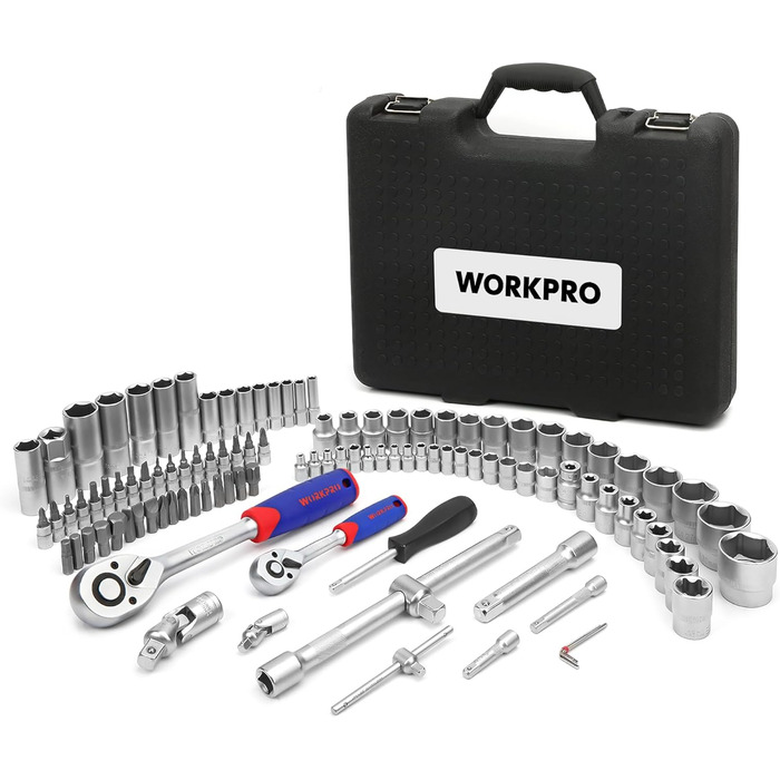 Набір торцевих ключів WORKPRO 108 предметів, набір інструментів для авто, тріскачки 1/4'' і 1/2'', біти, кейс