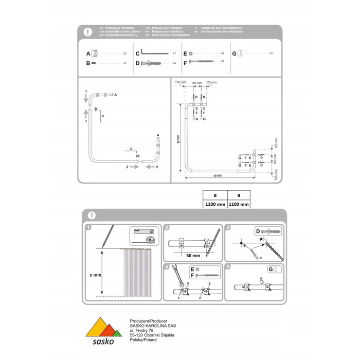 Кутовий штанга для душу Sasko 110-110 x 25 мм, білий