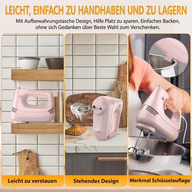 Електричний ручний міксер з нержавіючої сталі, вінчики та гаки для тіста, 5 швидкостей, Turbo Boost, для випічки, тортів, яєць та збивання (РОЖЕВИЙ)