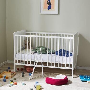 Convertible Baby Bed with Mattress, Toddler Bed, Crib, Bedside Sleeper, 60x120, Fall Protection, Baby, Toddler, Children's Bed, Complete Set, Height Adjustable & Removable Slats, Wood in White, 60 x 120 cm + Mattress White