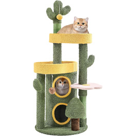 Дерево-кіготь для котів Yaheetech Kaktus, 123 см, оазис-тема, зелено-жовтий, для 2-3 котів, з 2 платформами та 2 печерами