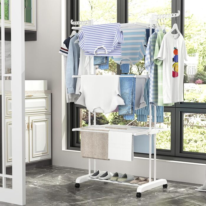 Сушилка для білизни Turm з 6 відкидними крилами та 2 бічними крилами, мобільна сушилка-вежа для дому та вулиці (біла)