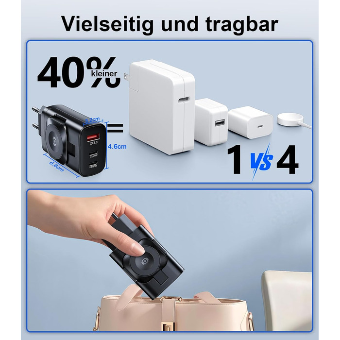 Зарядний пристрій 4-в-1 для Apple Watch та iPhone: 40W USB-C, швидка зарядка PD, сумісний з Apple Watch 10/9/8/7/6/Ultra/SE, iPhone 17/16/15 Pro Max, iPad, AirPods (білий)