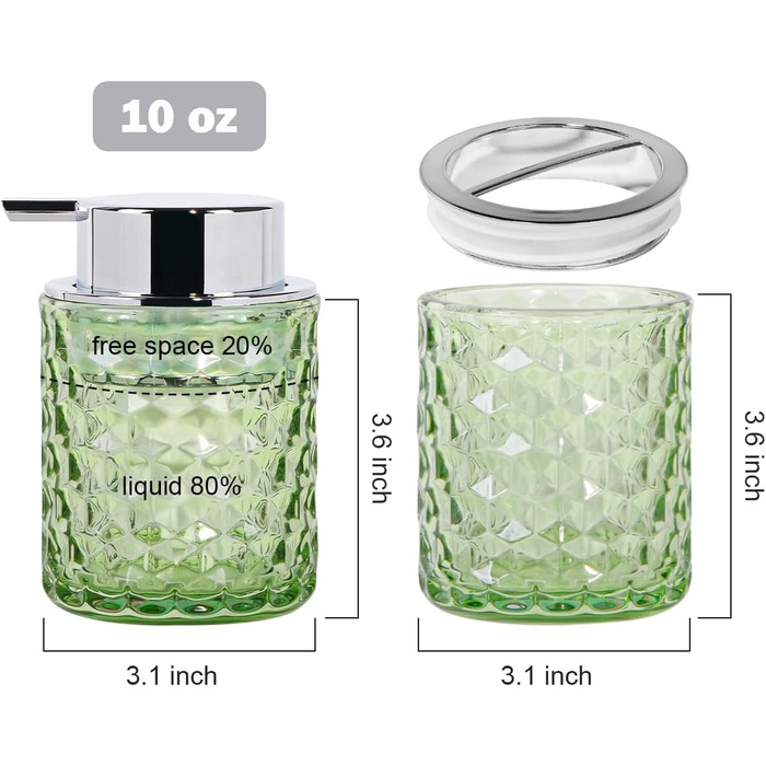 Pink bathroom accessory set made of glass, including a toothbrush holder, soap dispenser, and cup, a foaming soap dispenser, and a toothbrush holder, 3 pink bathroom cups for brush and toothpaste (green and silver).