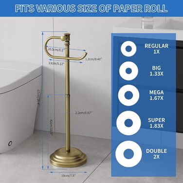 Тримач туалетного паперу на підлогу RUMOSE, античне латунь, регульований (31,5-57,9 см), з полицею для зберігання, нержавіюча сталь
