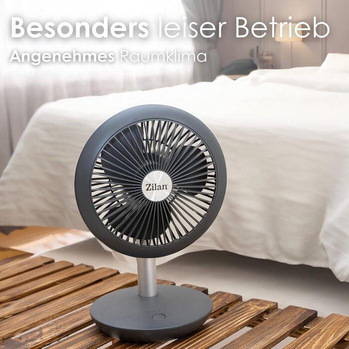 Безшумний настільний вентилятор Zilan | Акумулятор 4000 mAh | Регульований кут 90° | 4 швидкості | 15 годин роботи без дроту | Allegra Anthrazit