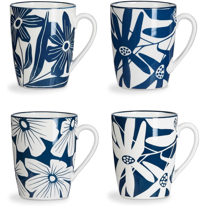 ONEMORE Coffee Mug Set of 4, 355 ml, Porcelain Coffee Cup with Handles, Blue Ceramic Mug for Latte, Cappuccino, Tea, Hot Chocolate, Microwave Safe, Dishwasher Safe, Scratch-Resistant