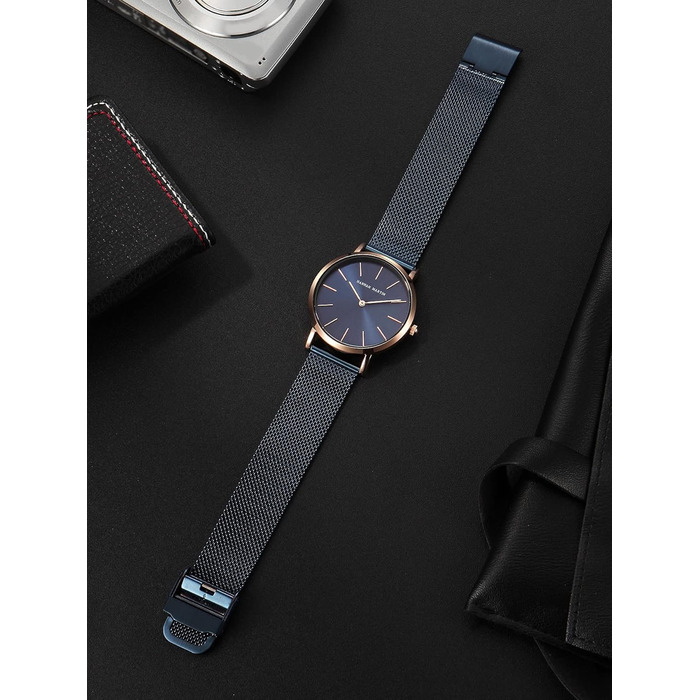 Годинник жіночий Hannah Martin, кварцовий, з нержавіючої сталі, водонепроникний, сітка, ультратонкий (блакитна поверхня, блакитний ремінець)