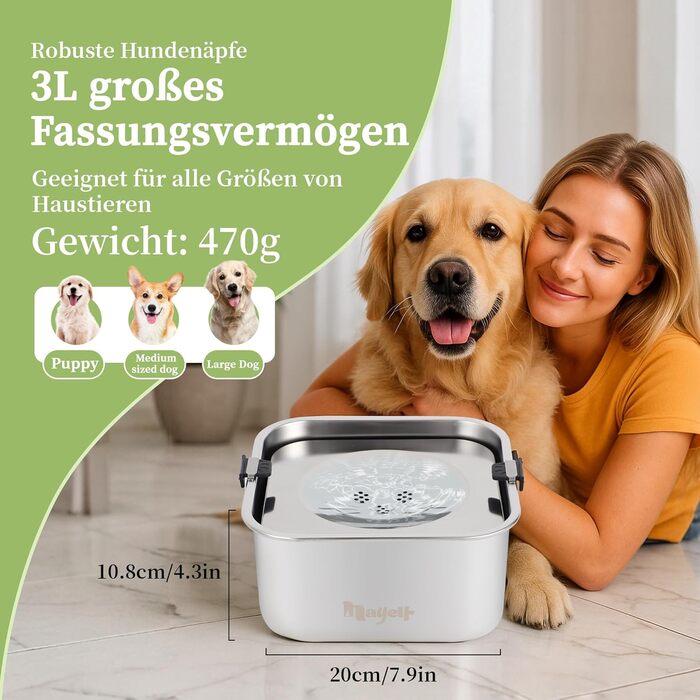 Миска для собак 3L без облизування, миска для пиття з нержавіючої сталі 304, миска для собак з неслизьким дном, для середніх та маленьких собак, придатна для миття в посудомийній машині